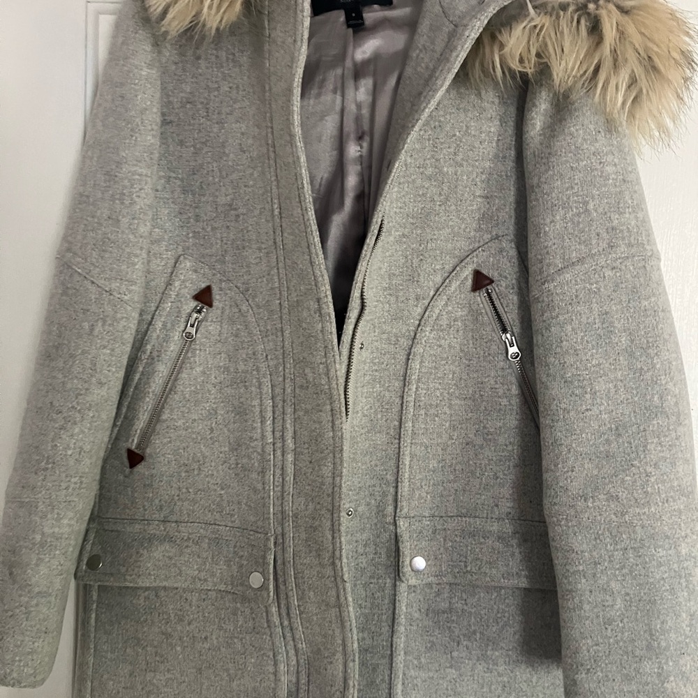 Women's Gray Hooded Coat with Faux Fur Trim